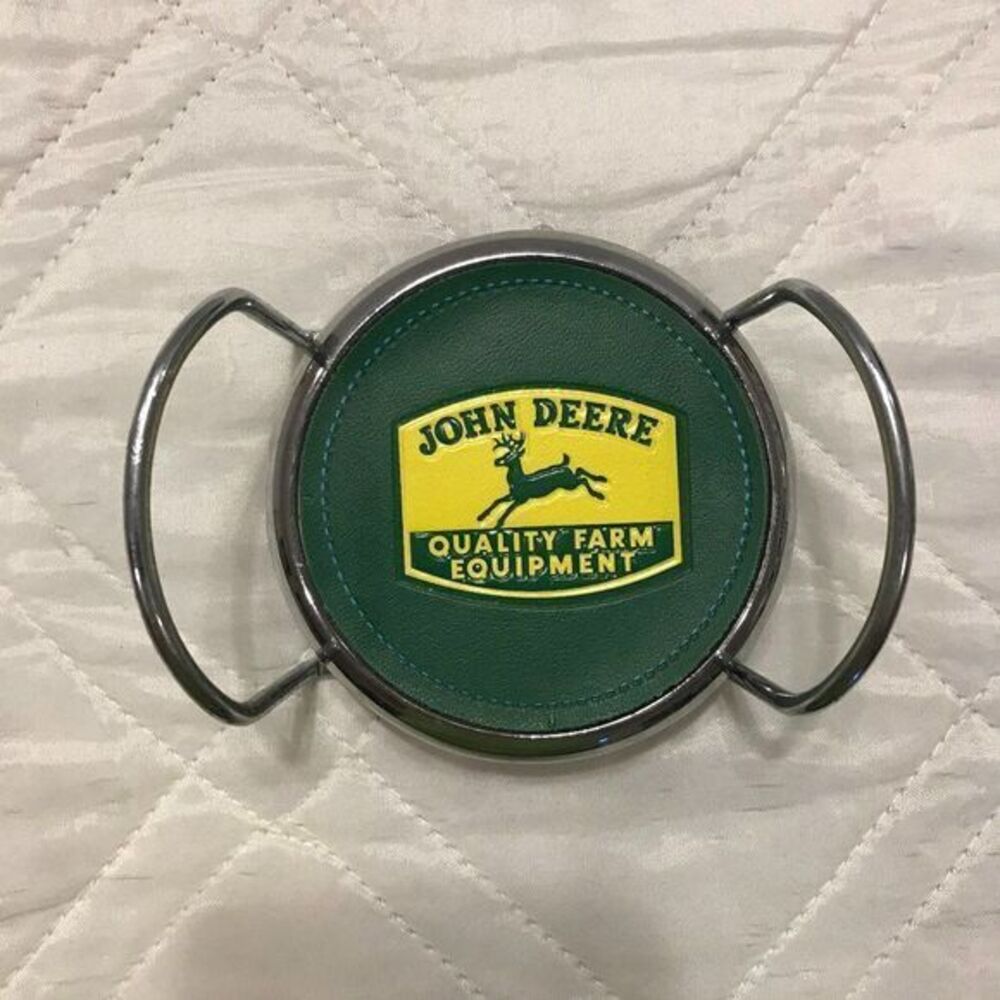 4 John Deere leather faced coasters with holder